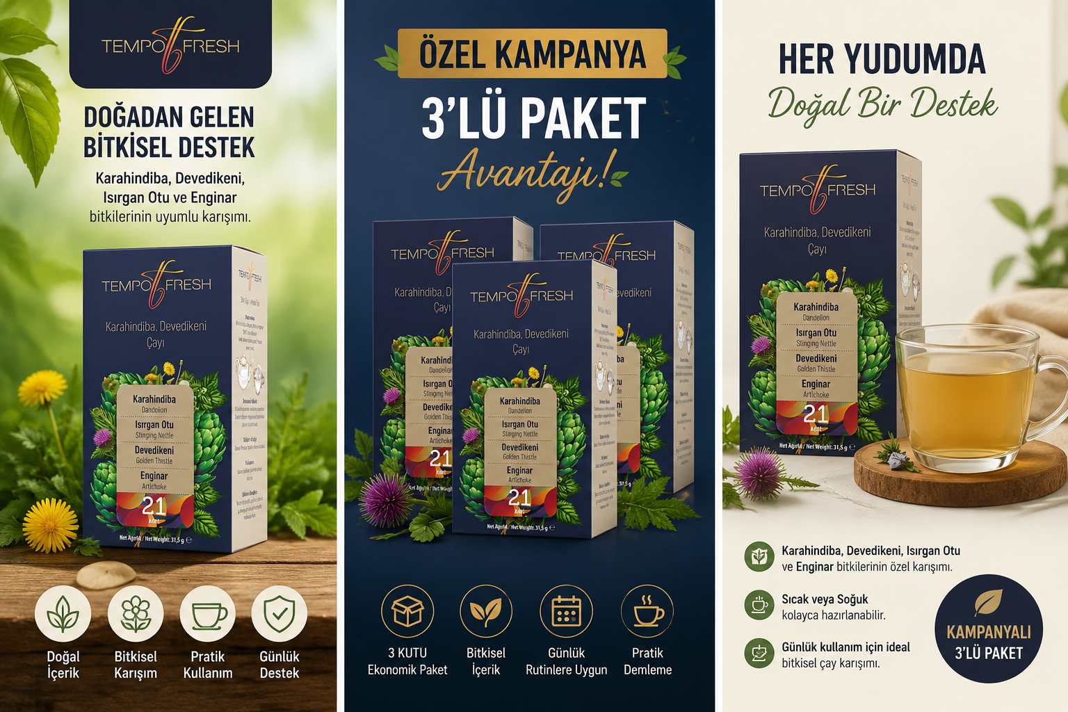 Tempo Fresh Üç Kutu Karahindiba, Isırgan, Devedikeni, Enginar Çayı – Poşet