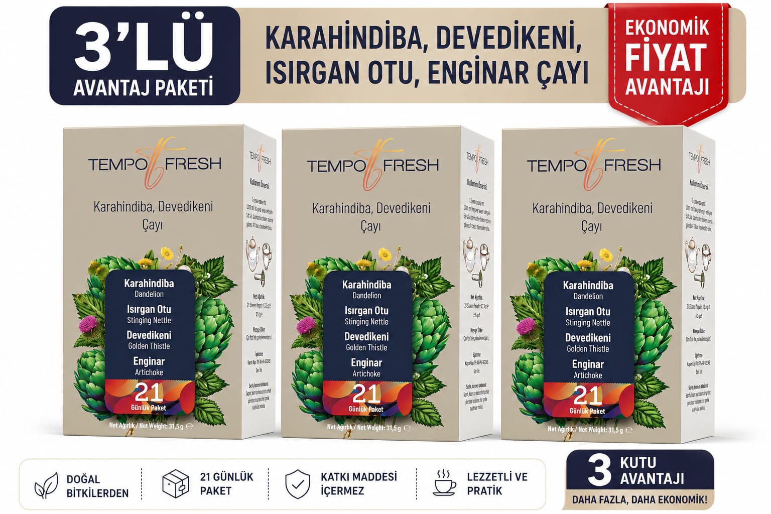 Tempo Fresh Üç Kutu Karahindiba Devedikeni Çayı Granür